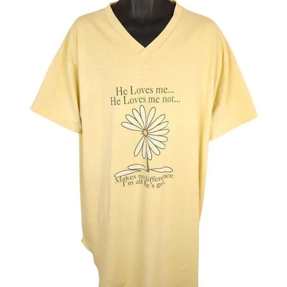 Vintage He Loves Me T Shirt Womens Size 3XL Yellow 90s Sleep Tee Daisy Flower